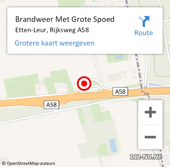 Locatie op kaart van de 112 melding: Brandweer Met Grote Spoed Naar Etten-Leur, Rijksweg A58 op 30 januari 2024 22:27