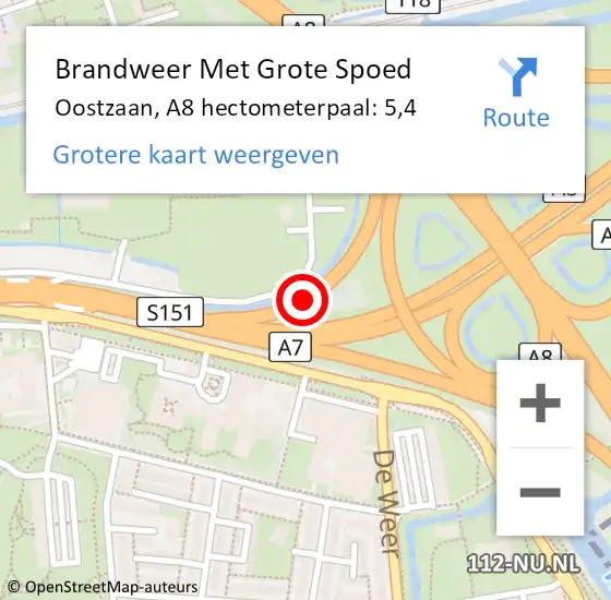 Locatie op kaart van de 112 melding: Brandweer Met Grote Spoed Naar Oostzaan, A8 hectometerpaal: 5,4 op 31 januari 2024 05:09
