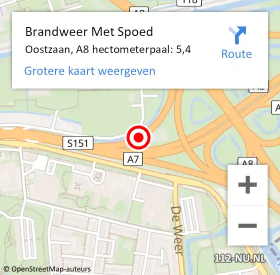 Locatie op kaart van de 112 melding: Brandweer Met Spoed Naar Oostzaan, A8 hectometerpaal: 5,4 op 31 januari 2024 05:38