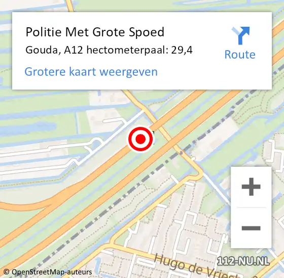 Locatie op kaart van de 112 melding: Politie Met Grote Spoed Naar Gouda, A12 hectometerpaal: 29,4 op 31 januari 2024 05:39