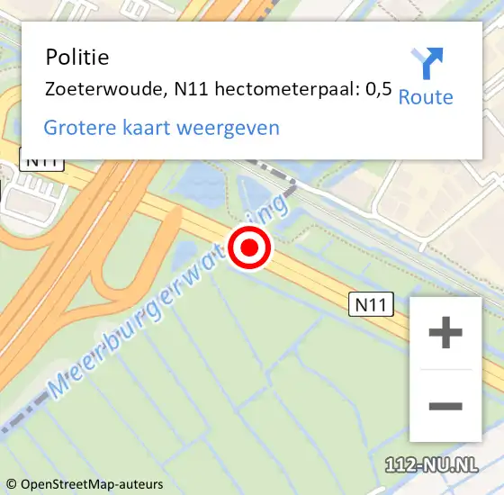 Locatie op kaart van de 112 melding: Politie Zoeterwoude, N11 hectometerpaal: 0,5 op 31 januari 2024 12:01