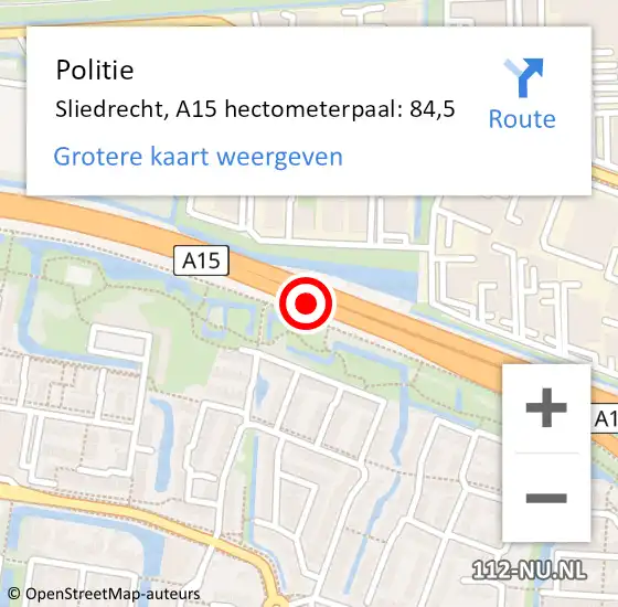 Locatie op kaart van de 112 melding: Politie Sliedrecht, A15 hectometerpaal: 84,5 op 31 januari 2024 12:14