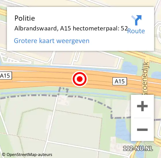 Locatie op kaart van de 112 melding: Politie Albrandswaard, A15 hectometerpaal: 52 op 31 januari 2024 14:11