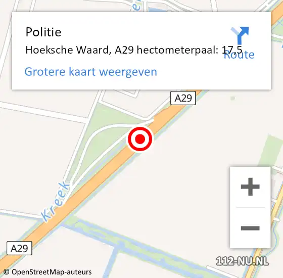 Locatie op kaart van de 112 melding: Politie Hoeksche Waard, A29 hectometerpaal: 17,5 op 31 januari 2024 19:58