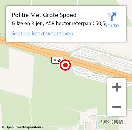 Locatie op kaart van de 112 melding: Politie Met Grote Spoed Naar Gilze en Rijen, A58 hectometerpaal: 50,5 op 31 januari 2024 22:06