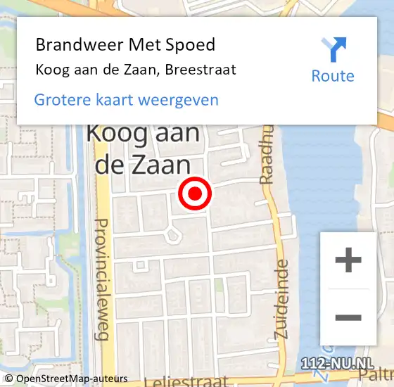 Locatie op kaart van de 112 melding: Brandweer Met Spoed Naar Koog aan de Zaan, Breestraat op 1 februari 2024 02:52