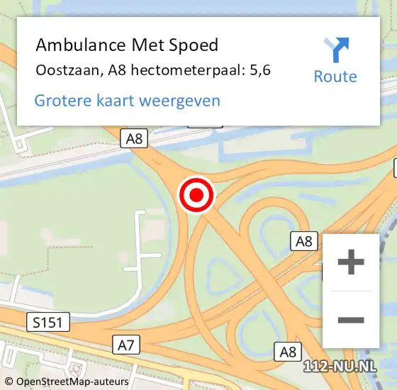 Locatie op kaart van de 112 melding: Ambulance Met Spoed Naar Oostzaan, A8 hectometerpaal: 5,6 op 1 februari 2024 06:40