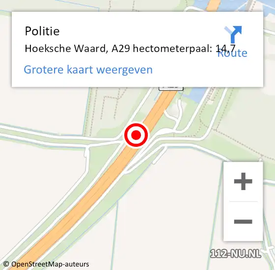 Locatie op kaart van de 112 melding: Politie Hoeksche Waard, A29 hectometerpaal: 14,7 op 1 februari 2024 08:38