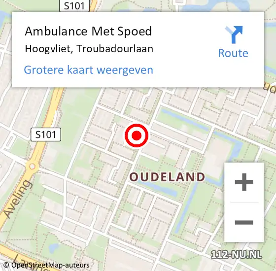 Locatie op kaart van de 112 melding: Ambulance Met Spoed Naar Hoogvliet, Troubadourlaan op 1 februari 2024 09:25