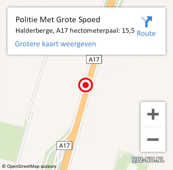 Locatie op kaart van de 112 melding: Politie Met Grote Spoed Naar Halderberge, A17 hectometerpaal: 15,5 op 1 februari 2024 09:56