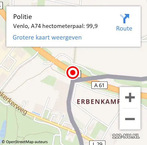 Locatie op kaart van de 112 melding: Politie Venlo, A74 hectometerpaal: 99,9 op 1 februari 2024 11:02