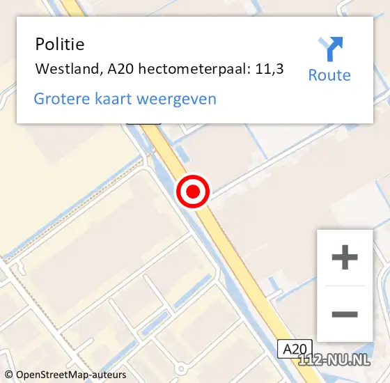 Locatie op kaart van de 112 melding: Politie Westland, A20 hectometerpaal: 11,3 op 1 februari 2024 12:45