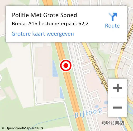 Locatie op kaart van de 112 melding: Politie Met Grote Spoed Naar Breda, A16 hectometerpaal: 62,2 op 1 februari 2024 17:13