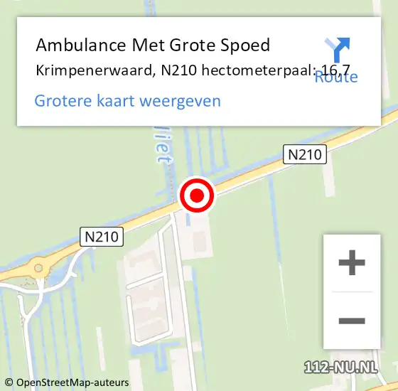 Locatie op kaart van de 112 melding: Ambulance Met Grote Spoed Naar Krimpenerwaard, N210 hectometerpaal: 16,7 op 1 februari 2024 19:26