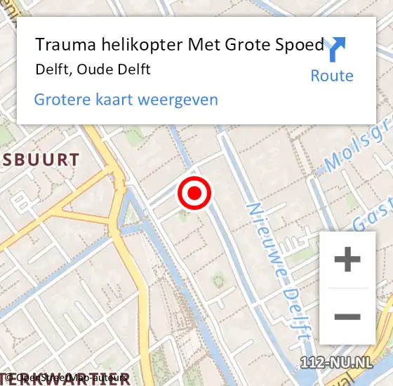 Locatie op kaart van de 112 melding: Trauma helikopter Met Grote Spoed Naar Delft, Oude Delft op 1 februari 2024 21:12