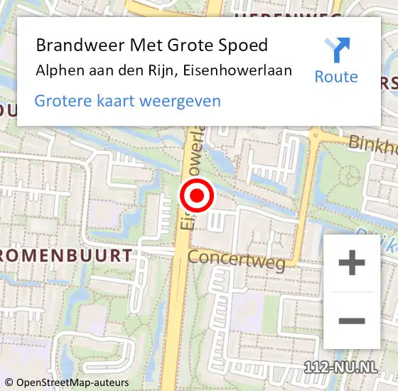 Locatie op kaart van de 112 melding: Brandweer Met Grote Spoed Naar Alphen aan den Rijn, Eisenhowerlaan op 1 februari 2024 22:07