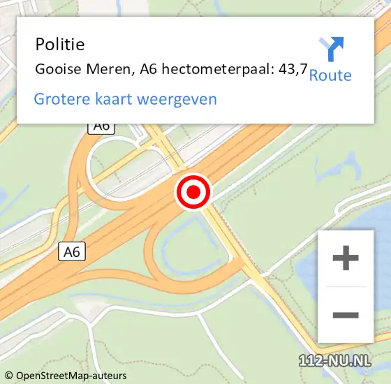 Locatie op kaart van de 112 melding: Politie Gooise Meren, A6 hectometerpaal: 43,7 op 1 februari 2024 23:09