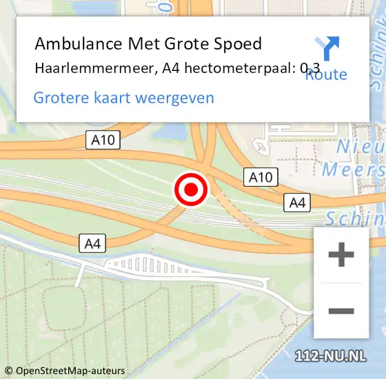 Locatie op kaart van de 112 melding: Ambulance Met Grote Spoed Naar Haarlemmermeer, A4 hectometerpaal: 0,3 op 1 februari 2024 23:20