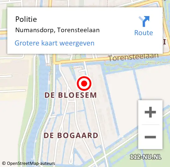 Locatie op kaart van de 112 melding: Politie Numansdorp, Torensteelaan op 1 februari 2024 23:59
