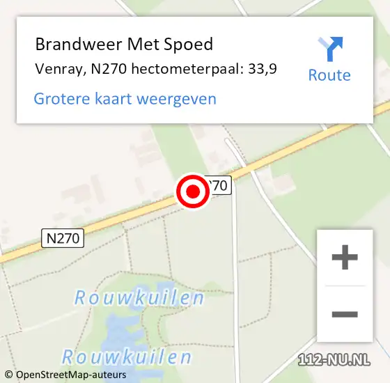 Locatie op kaart van de 112 melding: Brandweer Met Spoed Naar Venray, N270 hectometerpaal: 33,9 op 2 februari 2024 06:30