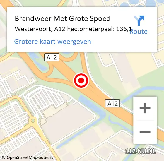 Locatie op kaart van de 112 melding: Brandweer Met Grote Spoed Naar Westervoort, A12 hectometerpaal: 136,1 op 2 februari 2024 07:38