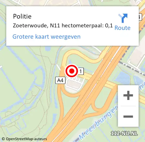 Locatie op kaart van de 112 melding: Politie Zoeterwoude, N11 hectometerpaal: 0,1 op 2 februari 2024 08:29