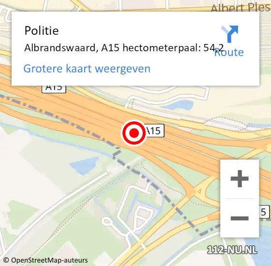 Locatie op kaart van de 112 melding: Politie Albrandswaard, A15 hectometerpaal: 54,2 op 2 februari 2024 10:18