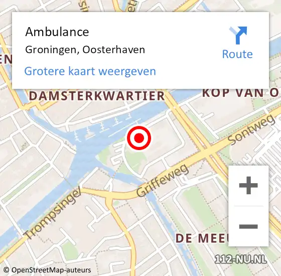 Locatie op kaart van de 112 melding: Ambulance Groningen, Oosterhaven op 2 februari 2024 10:57