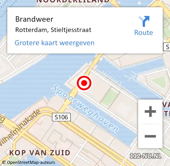 Locatie op kaart van de 112 melding: Brandweer Rotterdam, Stieltjesstraat op 2 februari 2024 11:27