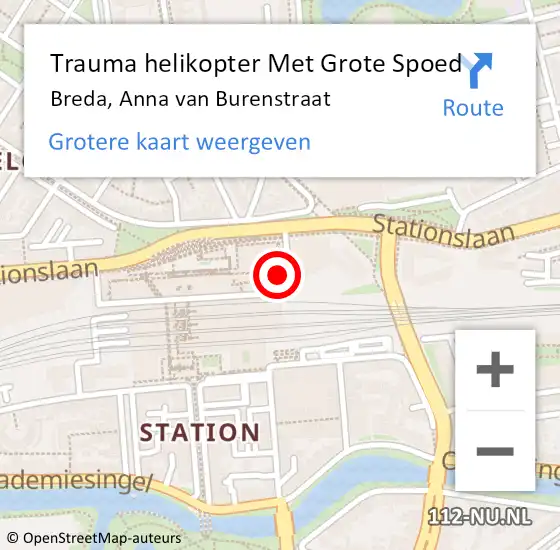 Locatie op kaart van de 112 melding: Trauma helikopter Met Grote Spoed Naar Breda, Anna van Burenstraat op 2 februari 2024 13:03