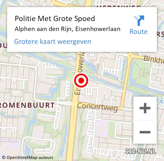 Locatie op kaart van de 112 melding: Politie Met Grote Spoed Naar Alphen aan den Rijn, Eisenhowerlaan op 2 februari 2024 14:46