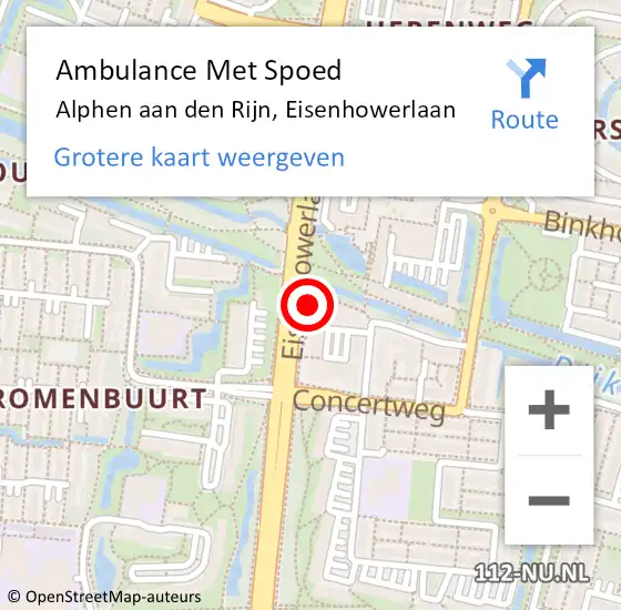 Locatie op kaart van de 112 melding: Ambulance Met Spoed Naar Alphen aan den Rijn, Eisenhowerlaan op 2 februari 2024 14:47