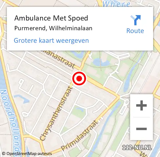 Locatie op kaart van de 112 melding: Ambulance Met Spoed Naar Purmerend, Wilhelminalaan op 2 februari 2024 15:18