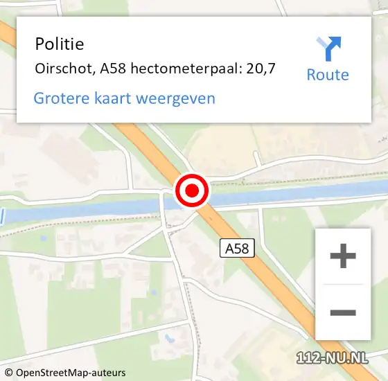 Locatie op kaart van de 112 melding: Politie Oirschot, A58 hectometerpaal: 20,7 op 2 februari 2024 15:19