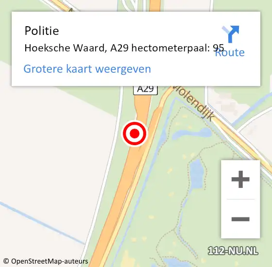 Locatie op kaart van de 112 melding: Politie Hoeksche Waard, A29 hectometerpaal: 95 op 2 februari 2024 15:53