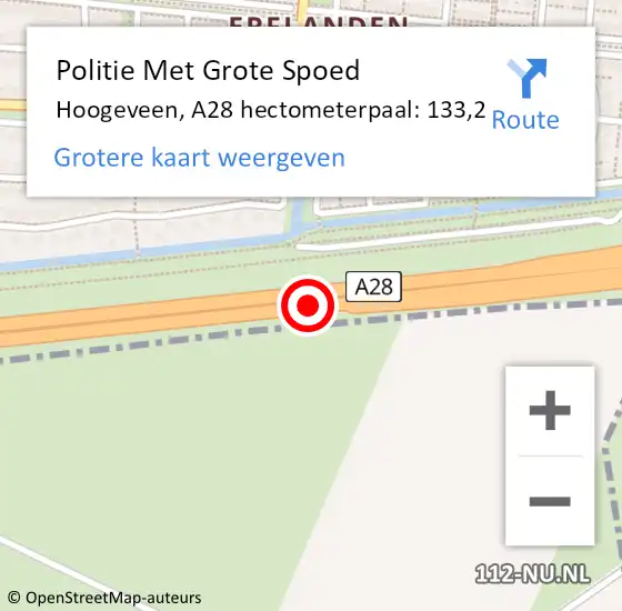 Locatie op kaart van de 112 melding: Politie Met Grote Spoed Naar Hoogeveen, A28 hectometerpaal: 133,2 op 2 februari 2024 16:03