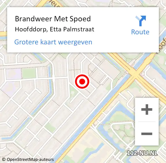 Locatie op kaart van de 112 melding: Brandweer Met Spoed Naar Hoofddorp, Etta Palmstraat op 2 februari 2024 16:08