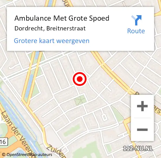 Locatie op kaart van de 112 melding: Ambulance Met Grote Spoed Naar Dordrecht, Breitnerstraat op 2 februari 2024 16:31