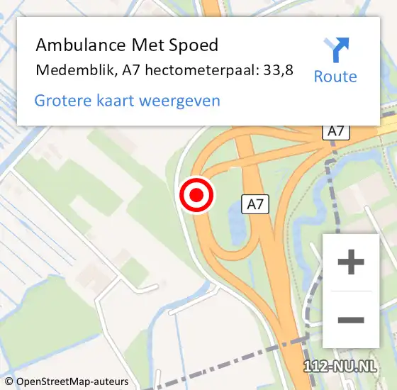 Locatie op kaart van de 112 melding: Ambulance Met Spoed Naar Medemblik, A7 hectometerpaal: 33,8 op 2 februari 2024 17:36