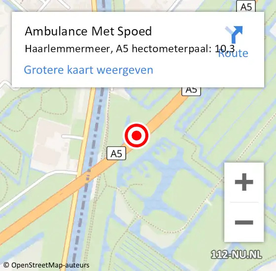 Locatie op kaart van de 112 melding: Ambulance Met Spoed Naar Haarlemmermeer, A5 hectometerpaal: 10,3 op 2 februari 2024 17:48