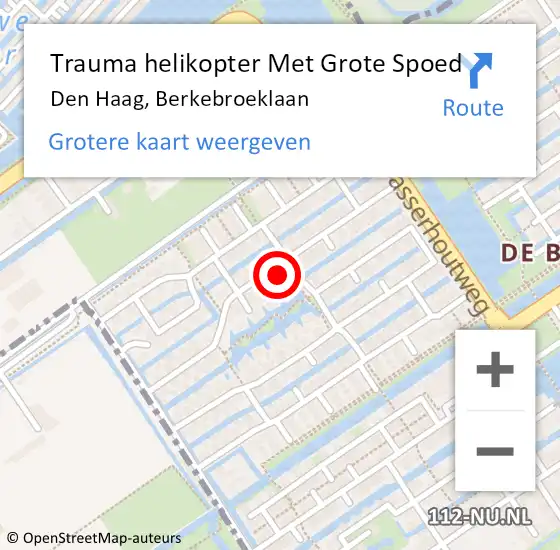 Locatie op kaart van de 112 melding: Trauma helikopter Met Grote Spoed Naar Den Haag, Berkebroeklaan op 2 februari 2024 18:48