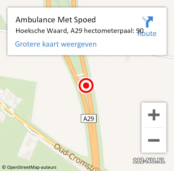 Locatie op kaart van de 112 melding: Ambulance Met Spoed Naar Hoeksche Waard, A29 hectometerpaal: 90 op 2 februari 2024 18:53