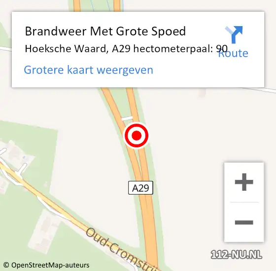 Locatie op kaart van de 112 melding: Brandweer Met Grote Spoed Naar Hoeksche Waard, A29 hectometerpaal: 90 op 2 februari 2024 18:55