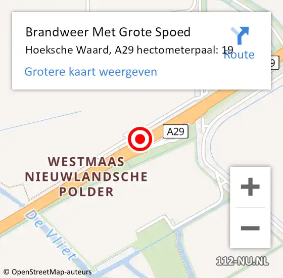 Locatie op kaart van de 112 melding: Brandweer Met Grote Spoed Naar Hoeksche Waard, A29 hectometerpaal: 19 op 2 februari 2024 19:10