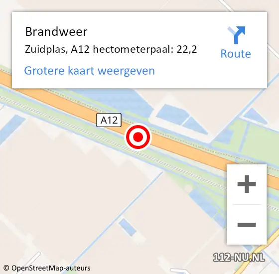 Locatie op kaart van de 112 melding: Brandweer Zuidplas, A12 hectometerpaal: 22,2 op 2 februari 2024 20:49