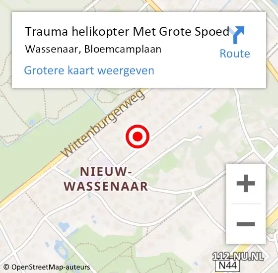 Locatie op kaart van de 112 melding: Trauma helikopter Met Grote Spoed Naar Wassenaar, Bloemcamplaan op 2 februari 2024 20:59