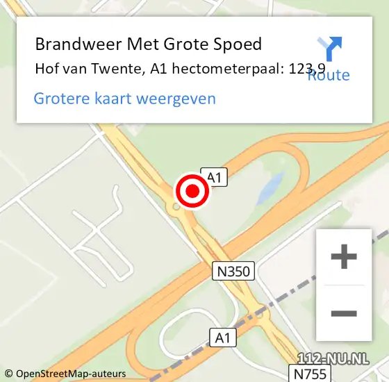 Locatie op kaart van de 112 melding: Brandweer Met Grote Spoed Naar Hof van Twente, A1 hectometerpaal: 123,9 op 2 februari 2024 22:08