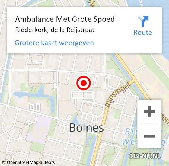 Locatie op kaart van de 112 melding: Ambulance Met Grote Spoed Naar Ridderkerk, de la Reijstraat op 3 februari 2024 10:50