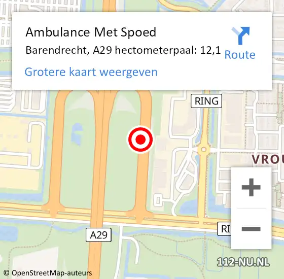 Locatie op kaart van de 112 melding: Ambulance Met Spoed Naar Barendrecht, A29 hectometerpaal: 12,1 op 3 februari 2024 13:32