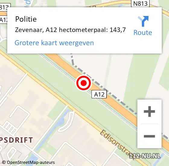 Locatie op kaart van de 112 melding: Politie Zevenaar, A12 hectometerpaal: 143,7 op 3 februari 2024 14:30